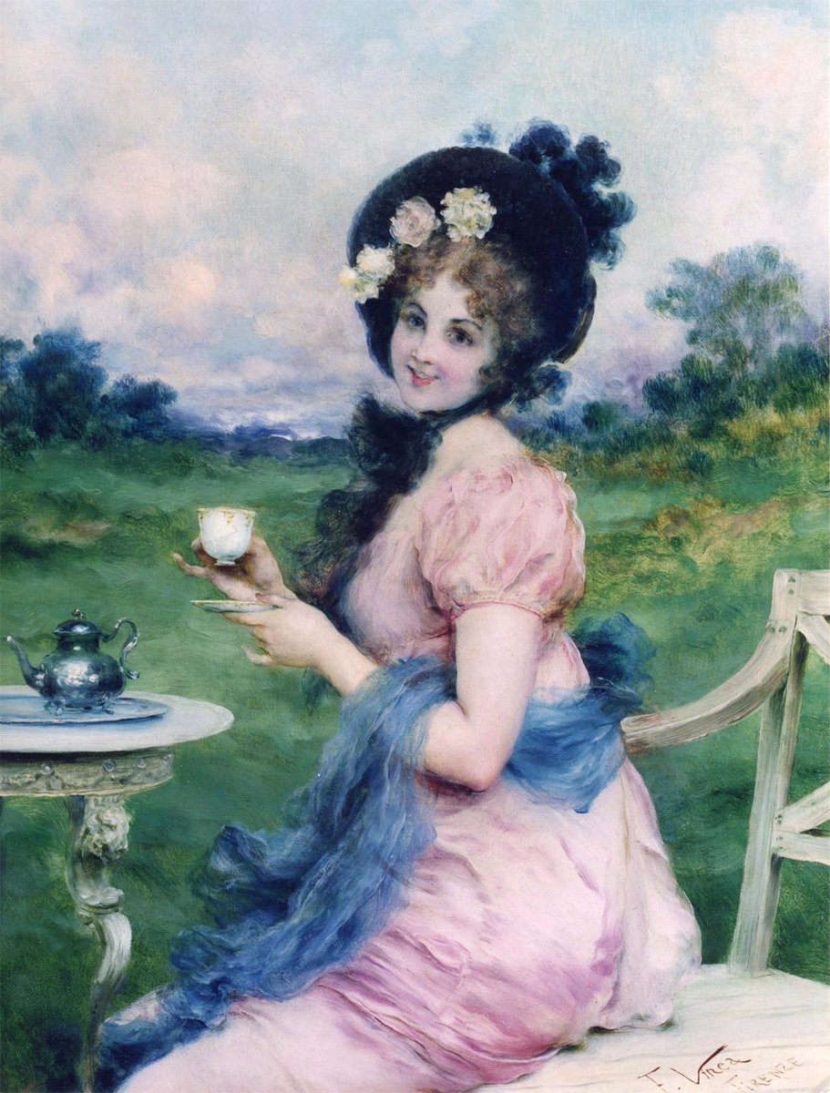 дама с чашкой - пейзаж, портрет, картина, девушка, чашка - оригинал