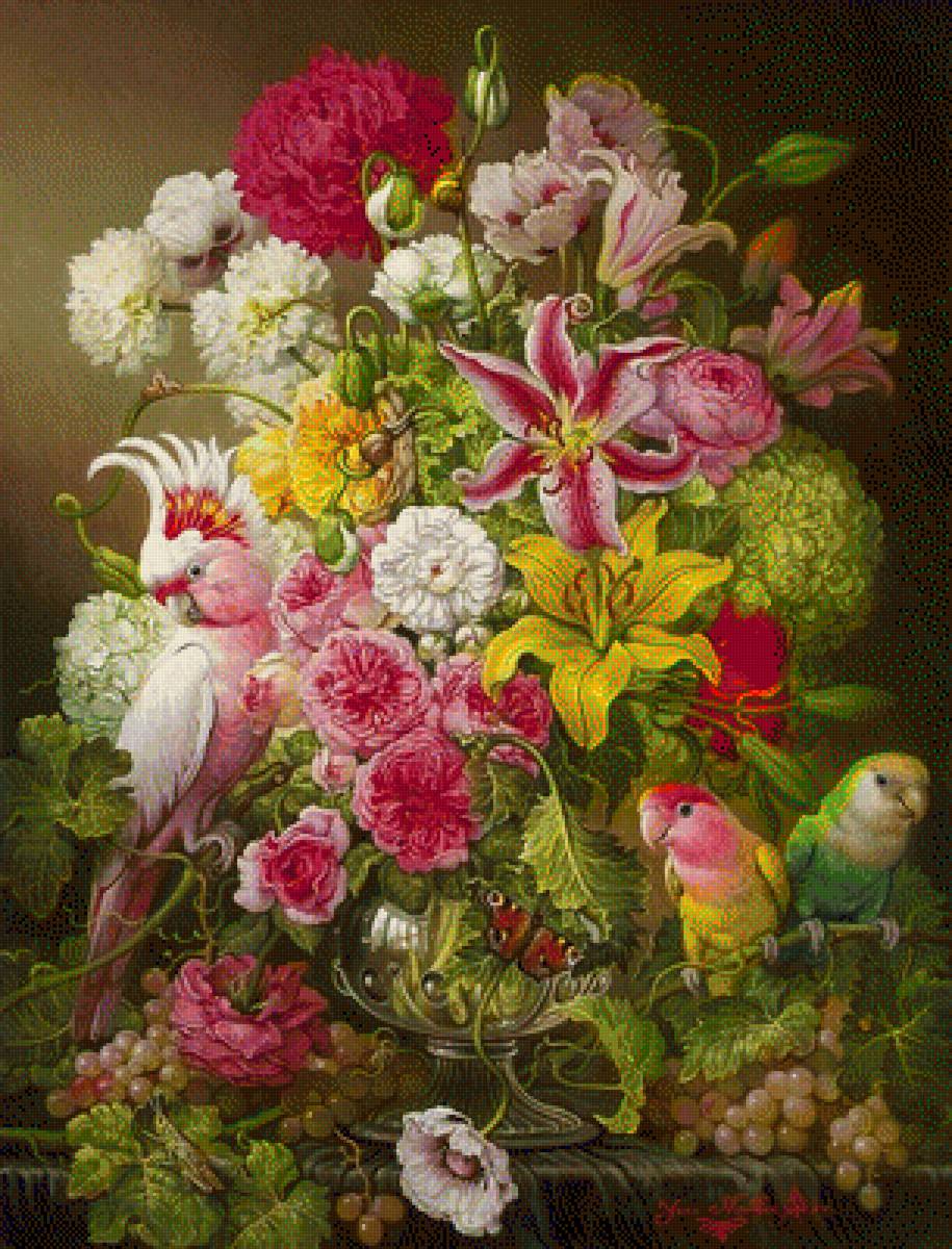 Bukiet - papuga, kwiaty - предпросмотр