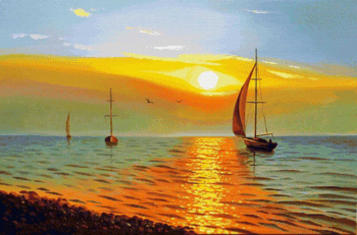 Худ. Деревенчук Вл. Солнце - пейзаж, парусники, море - предпросмотр