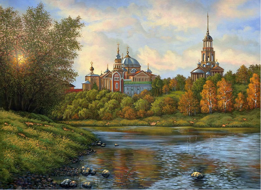 Осенний пейзаж - осень, церковь, река - оригинал