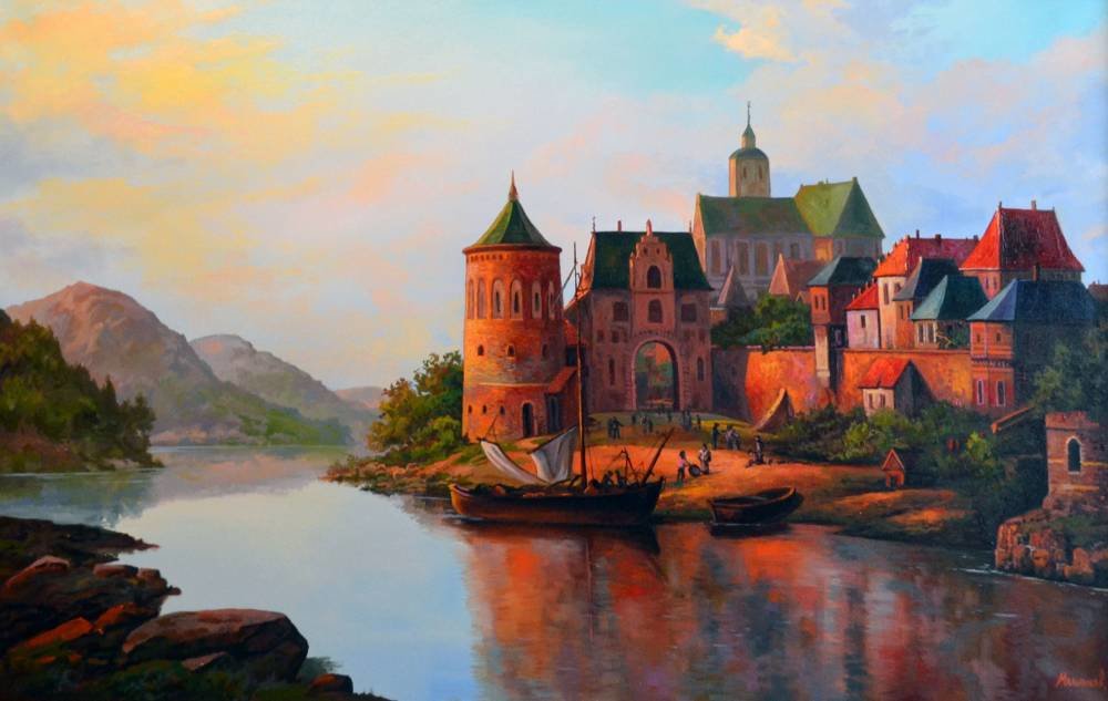 Красный замок - замок, река, лодка - оригинал