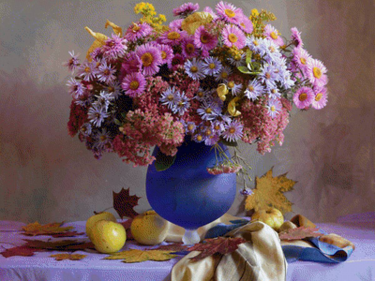 НАТЮРМОРТ С ЦВЕТАМИ, ЯБЛОКИ - , осение цветы яблоки - предпросмотр