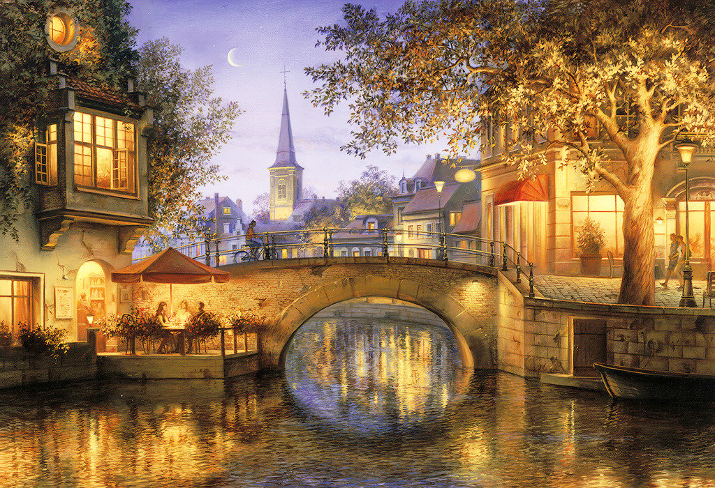 Вечерний город - огни, городской пейзаж, люди, река - оригинал