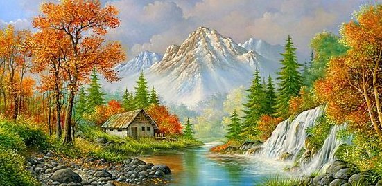 Домик в горах - городской пейзаж, река - оригинал