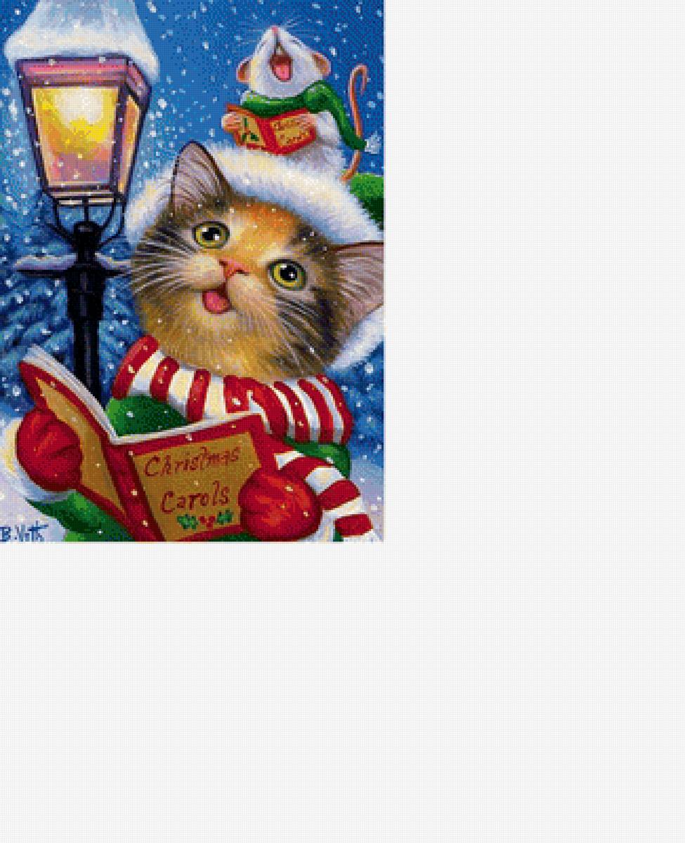 Рождественские песни - фонарь, новогодняя, снег, зима, котенок - предпросмотр