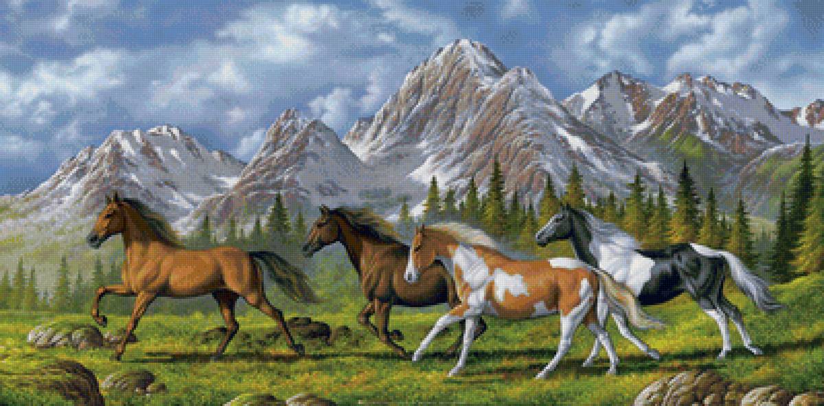 Пейзаж - горы, кони, табун - предпросмотр
