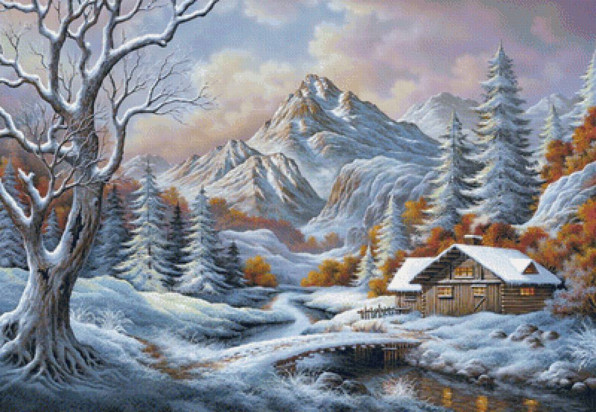 Горный пейзаж - снег, горы, домик, река, зима - предпросмотр