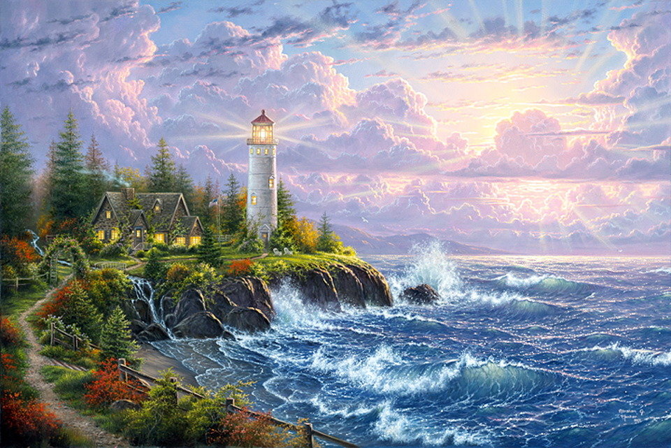 маяк - волны, закат, морской пейзаж, море - оригинал
