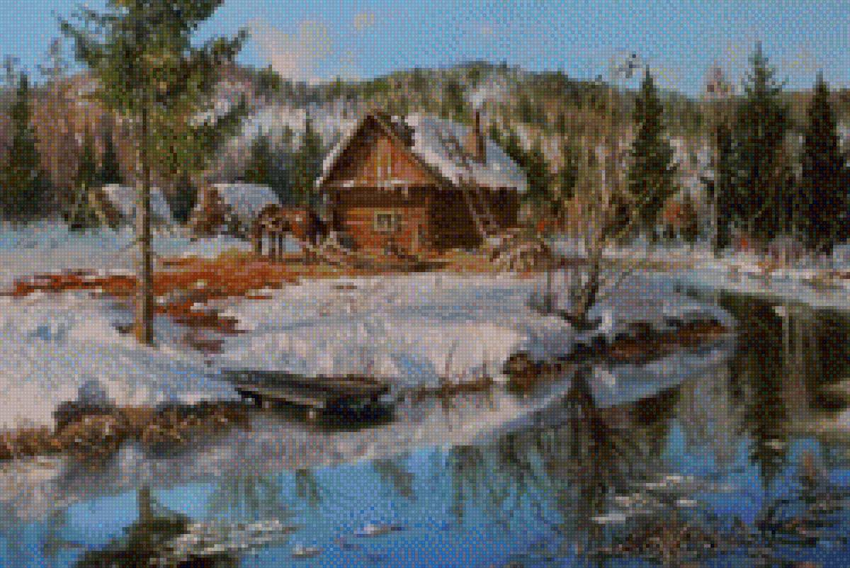 Март - природа, март, пейзаж, дом - предпросмотр