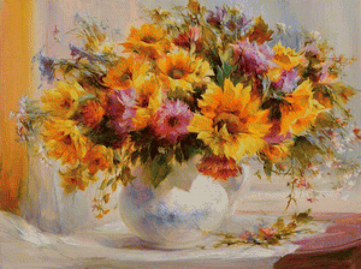 Желтый букет - картина, желтый, цветы, кувшин, букет, пейзаж, осень - предпросмотр