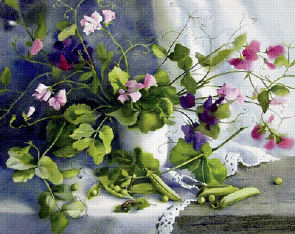 По картине Елены Базановой "Душистый горошек" - горошек, букет, цветы - предпросмотр