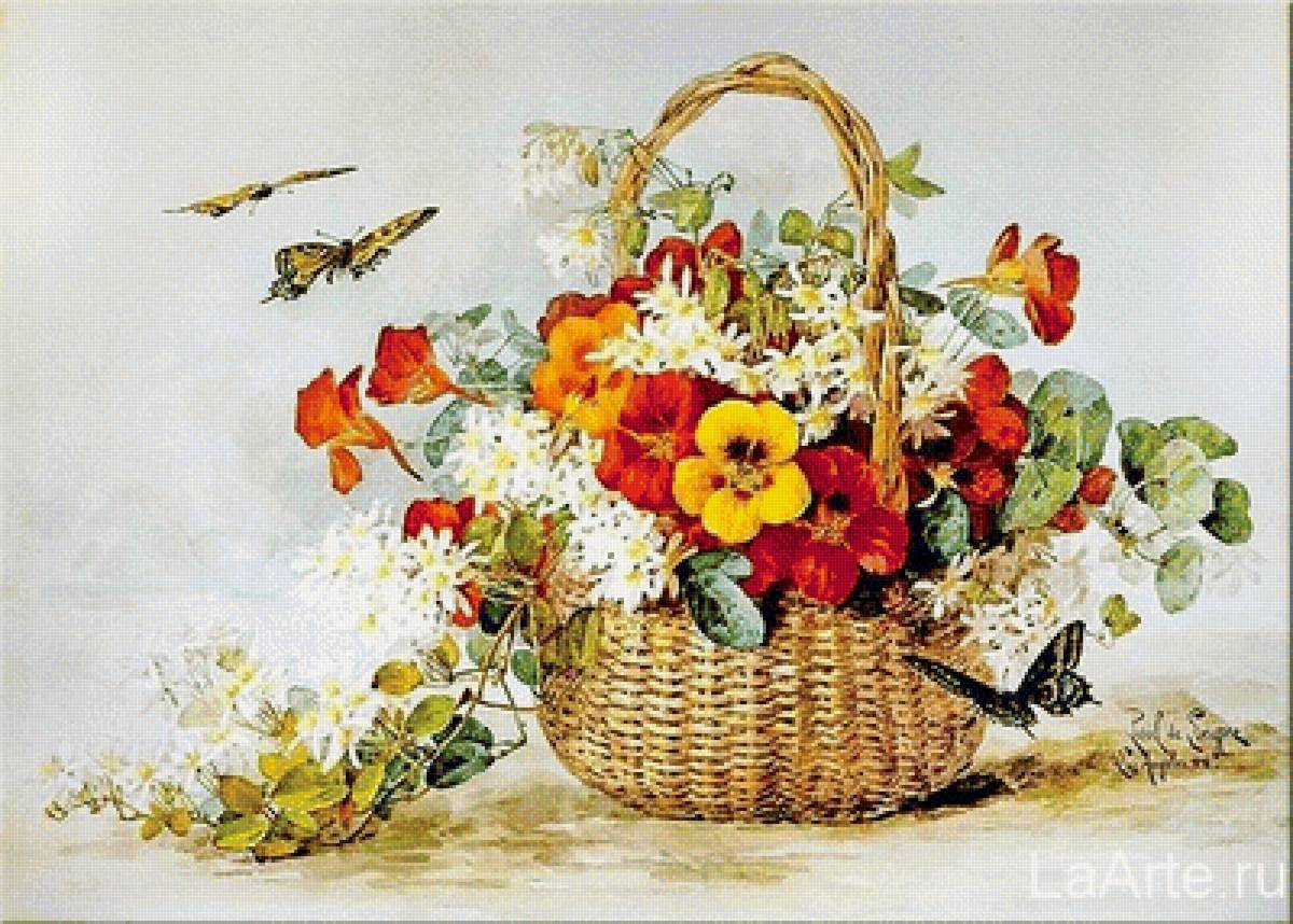 Корзина с Настурцией - бабочки, корзина, цветы - предпросмотр