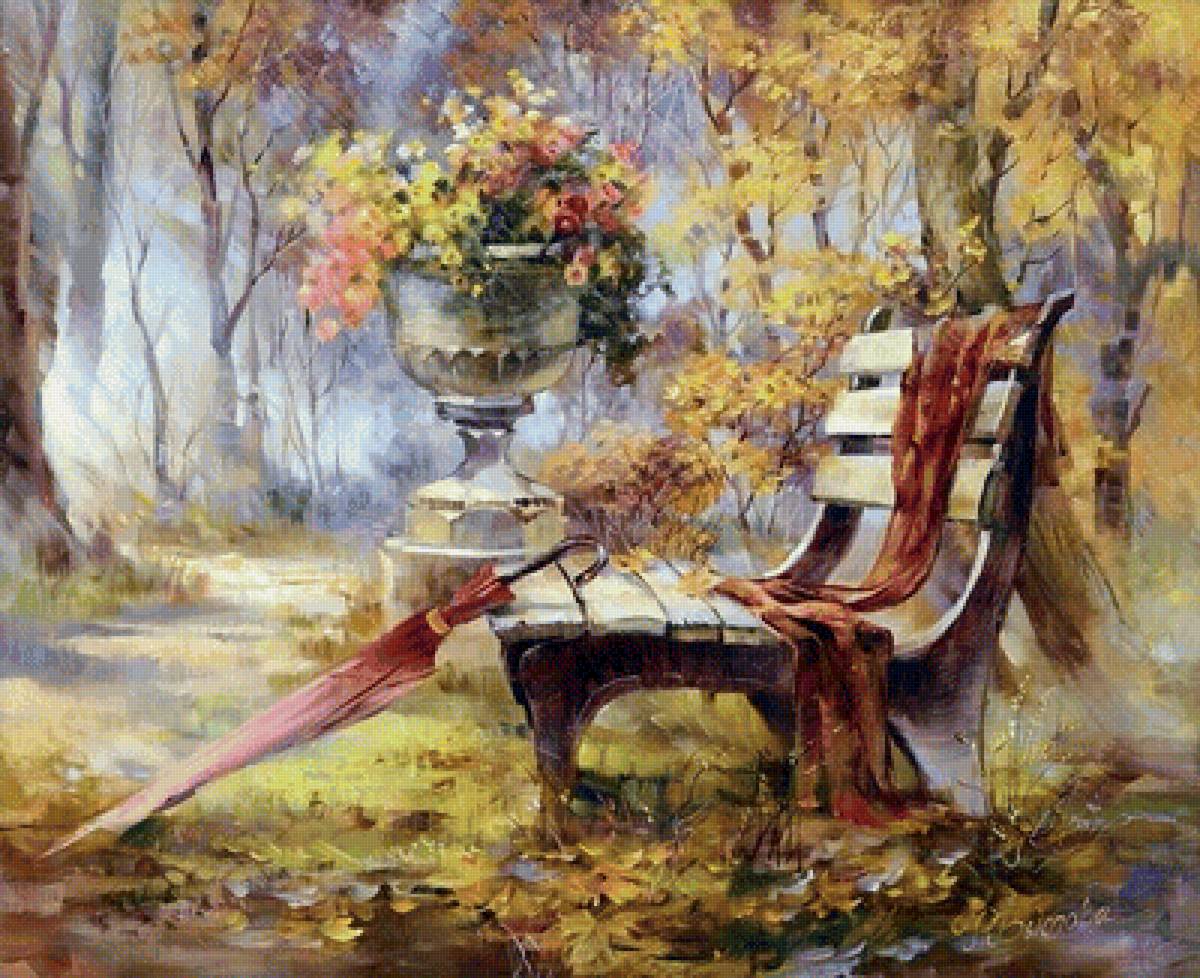 осенний пейзаж - осень, скамейка, зонт, золотая осень, природа.пейзаж, парк - предпросмотр