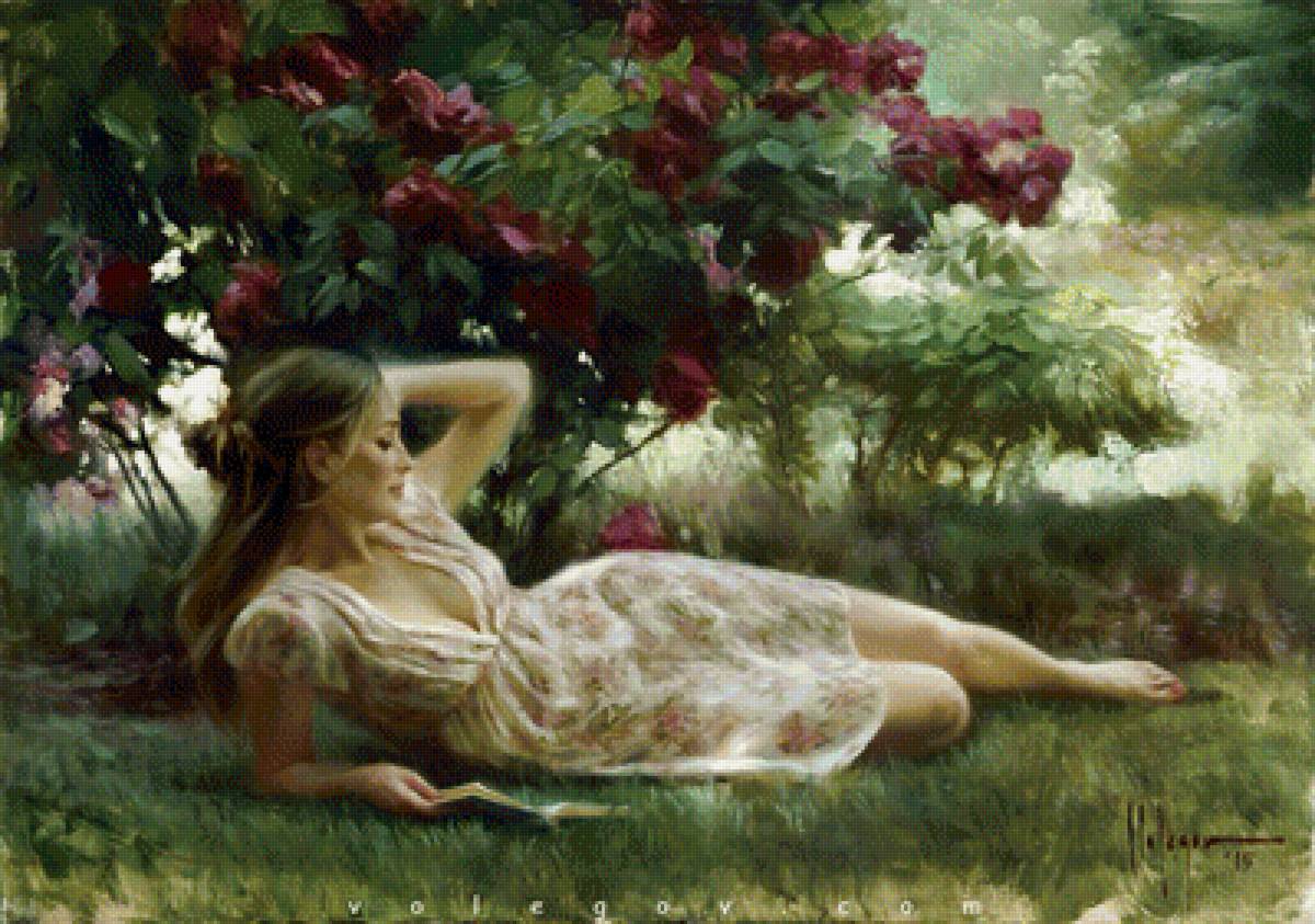 Отдых на поляне - куст, девушка, поляна - предпросмотр