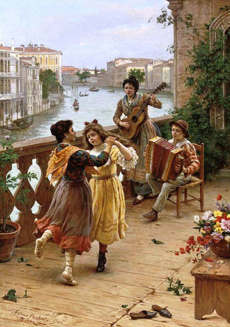 Танец на балконе по картине Антонио Паолетти - гитара, балкон, танец, дети - оригинал