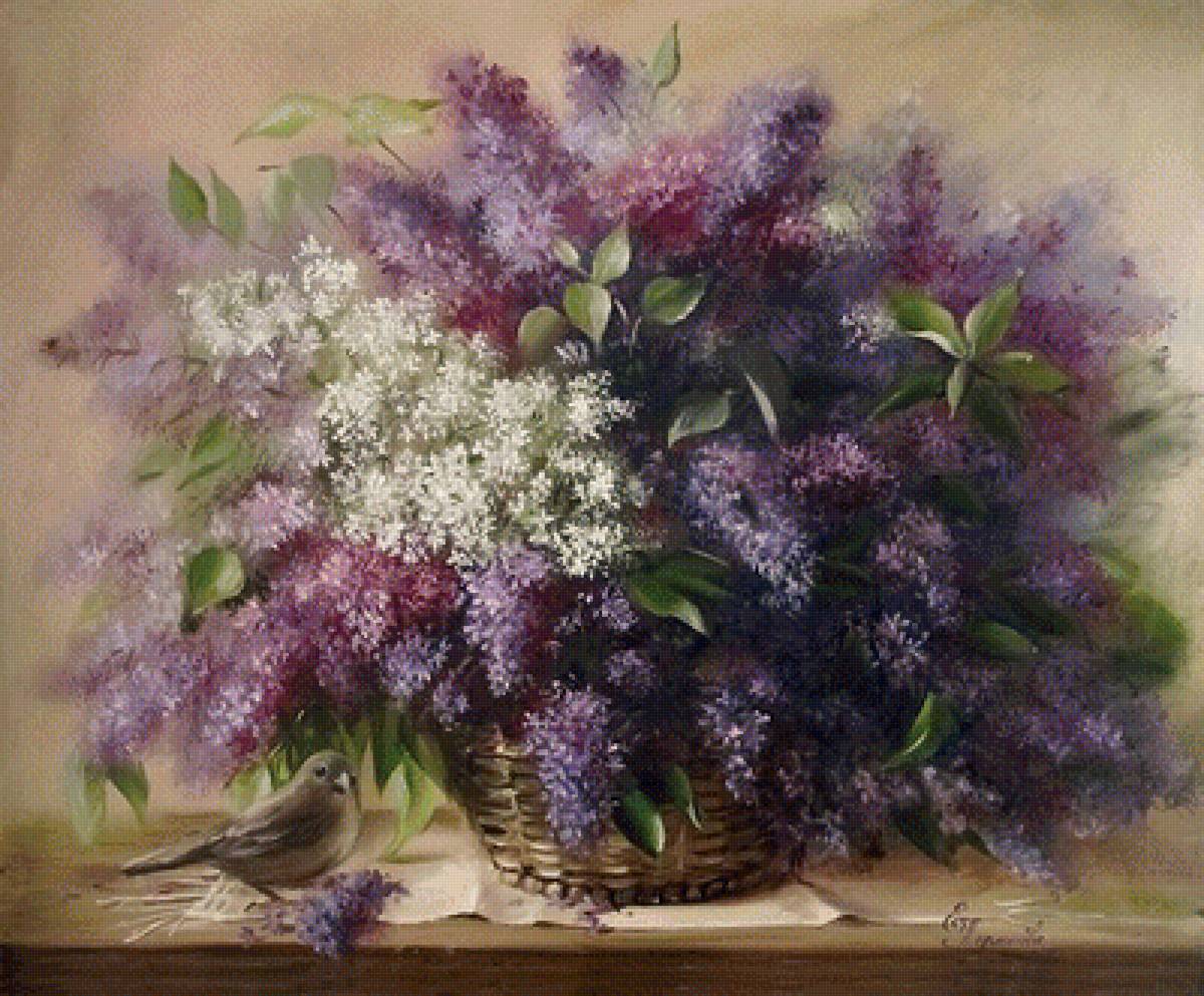 сирень - пейзаж, букет, картина, сирень, птица, цветы - предпросмотр