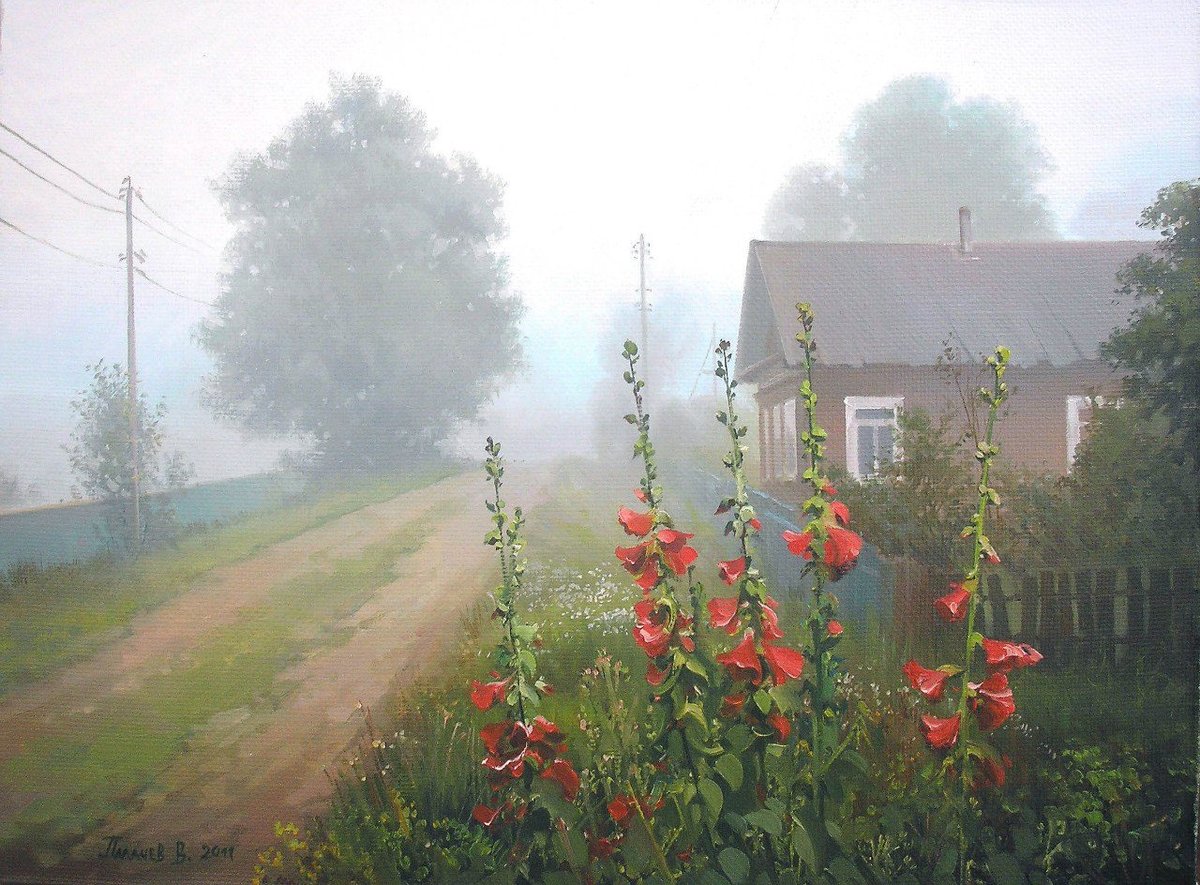 Деревня - деревня, цветы, картина, туман, дом, живопись - оригинал