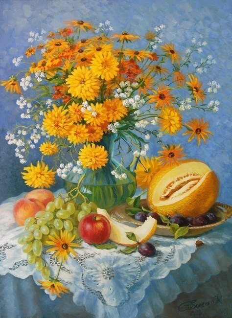 Натюрморт - ваза, букет, цветы, дыня - оригинал