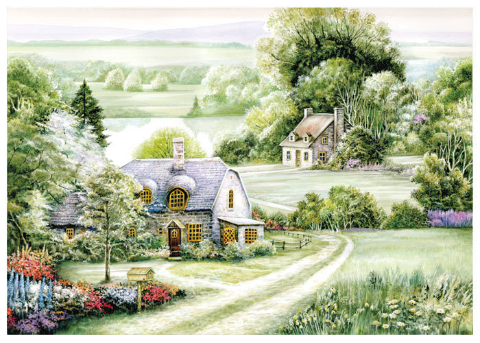 Пейзаж - цветы, река, домики - оригинал