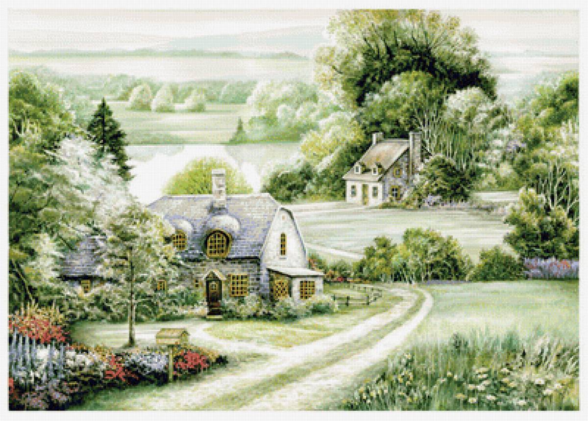 Пейзаж - река, домики, цветы - предпросмотр