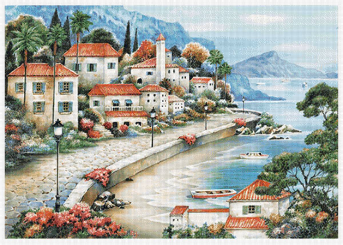 Пейзаж - морское, море, набережная, домики, горы, лодки - предпросмотр