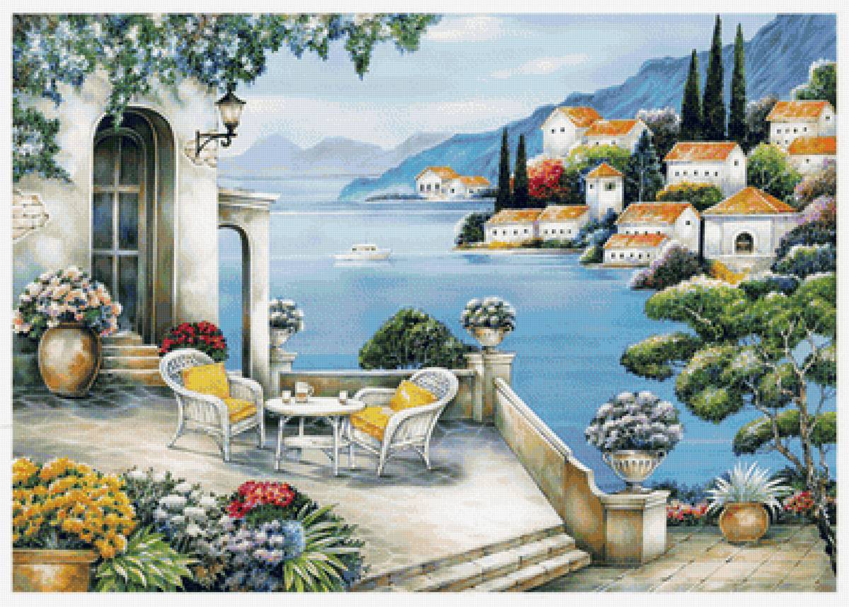 Пейзаж - море, домики, морское, лодка, горы - предпросмотр