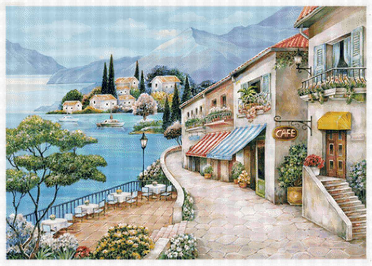 Пейзаж - кафе, лодка, море, домики, горы, морское - предпросмотр