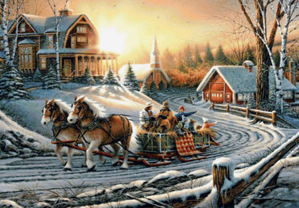 Зимняя прогулка - закат, зима, люди, лошади, пейзаж, сани, зимний пейзаж - предпросмотр