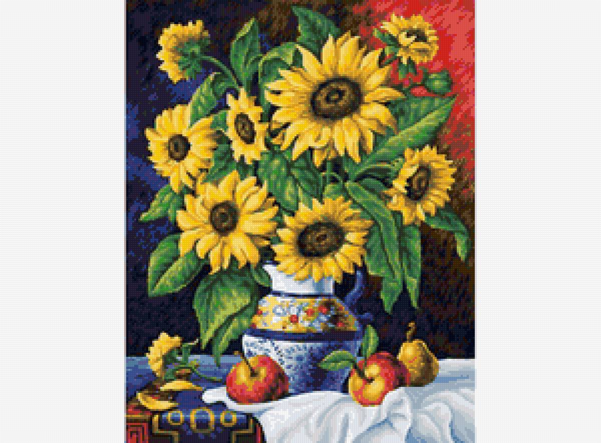 Натюрморт с подсолнухами - ваза, подсолнухи, натюрморт, яблоки - предпросмотр