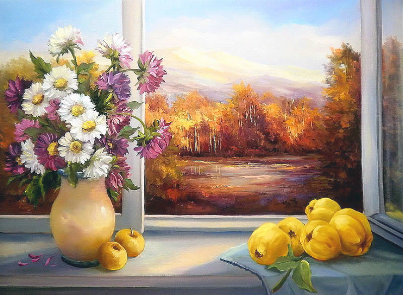 Худ. Анка Булгару - фрукты, окно, цветы, букет, осень - оригинал