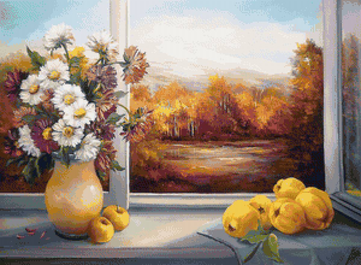 Худ. Анка Булгару - цветы, окно, букет, осень, фрукты - предпросмотр