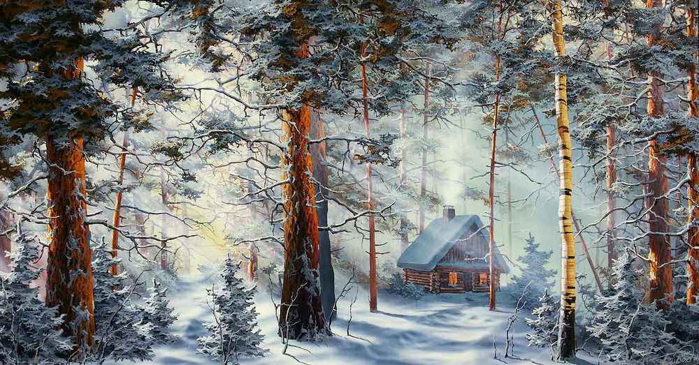 Зимний пейзаж - лес, избушка, снег, домик, сосны - оригинал