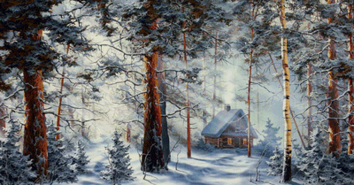 Зимний пейзаж - снег, лес, сосны, избушка, домик - предпросмотр