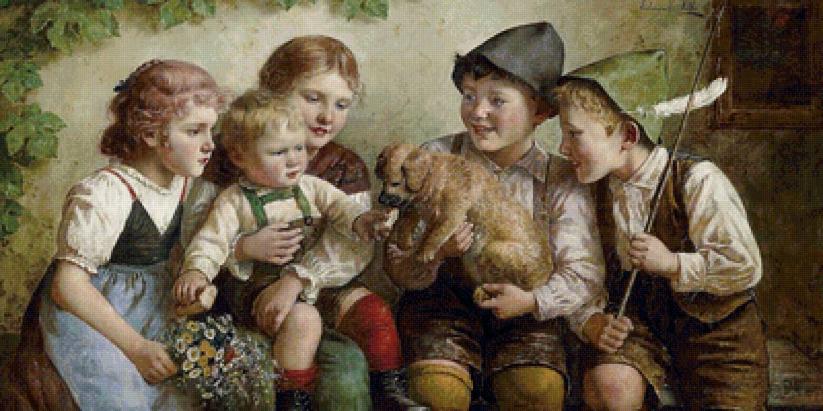 дети со щенком - картина - предпросмотр