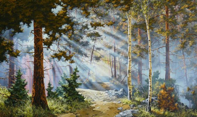 Туманное утро - лес, туман, лучи - оригинал