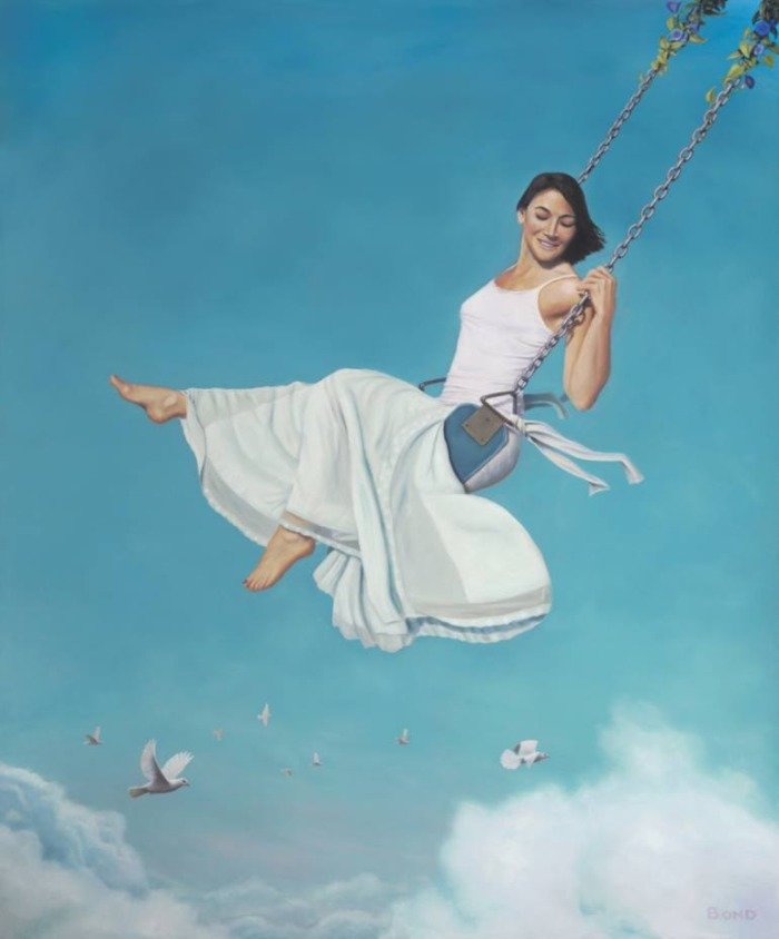 Качели по картине Паула Бонда - небо, девушка, качели - оригинал