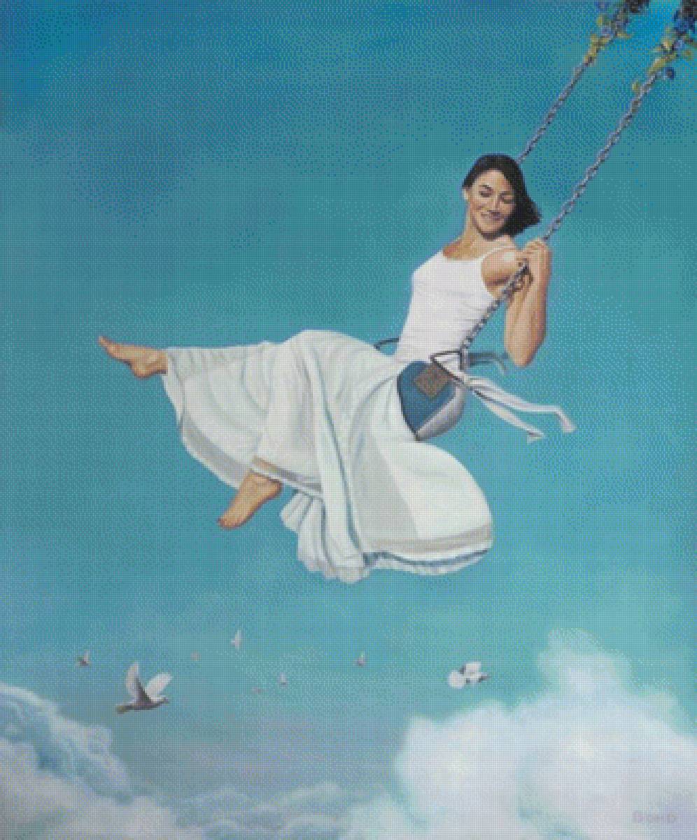 Качели по картине Паула Бонда - небо, качели, девушка - предпросмотр