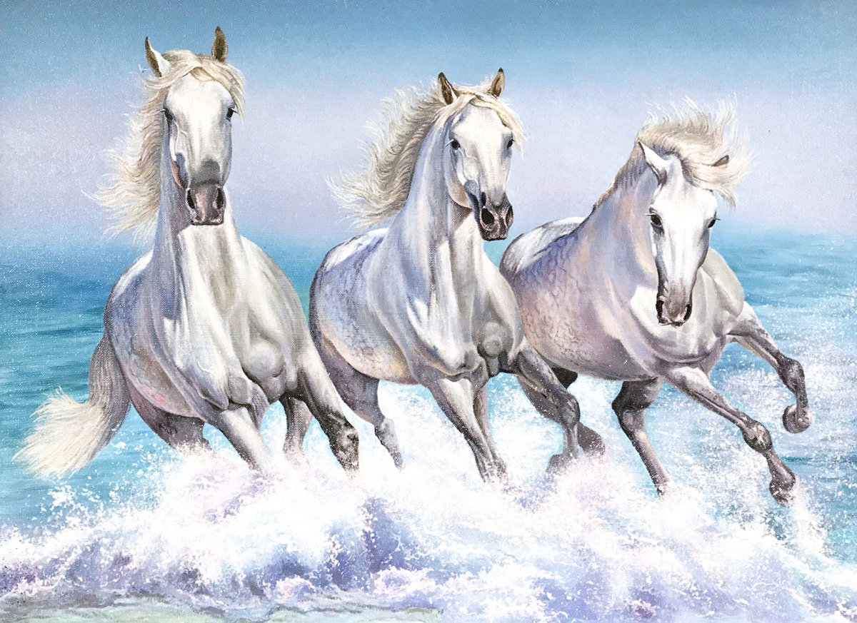Три лошадки. Тройка белых лошадей. Три коня. Лошадь бежит по воде. Картина бегущие лошади.