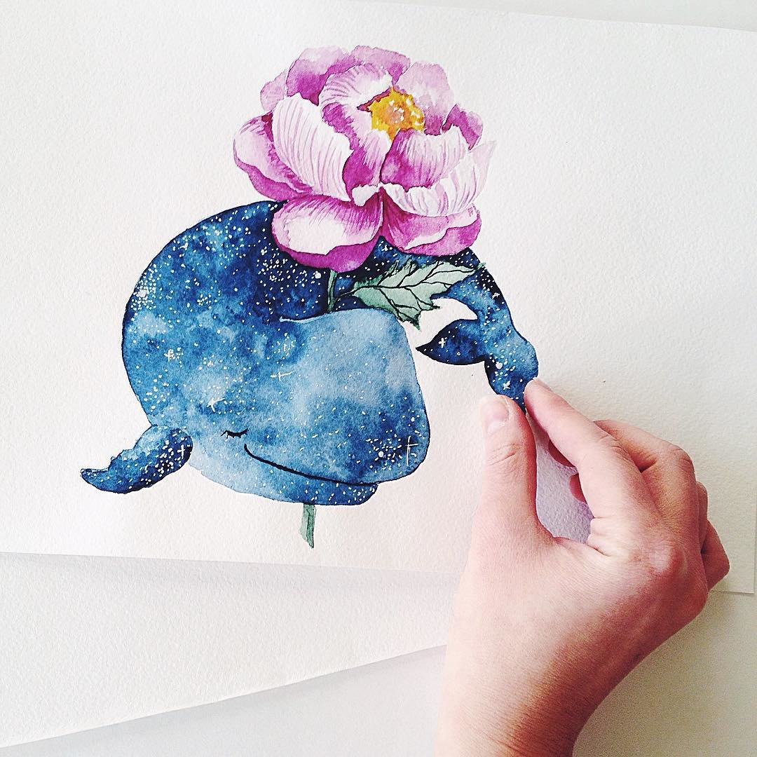 Милый кит - море, кит, цветы, животные - оригинал