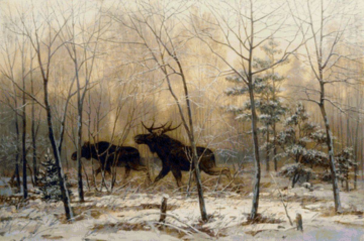 Худ. Тихменев Е.А - природа, зима, лоси, лес - предпросмотр