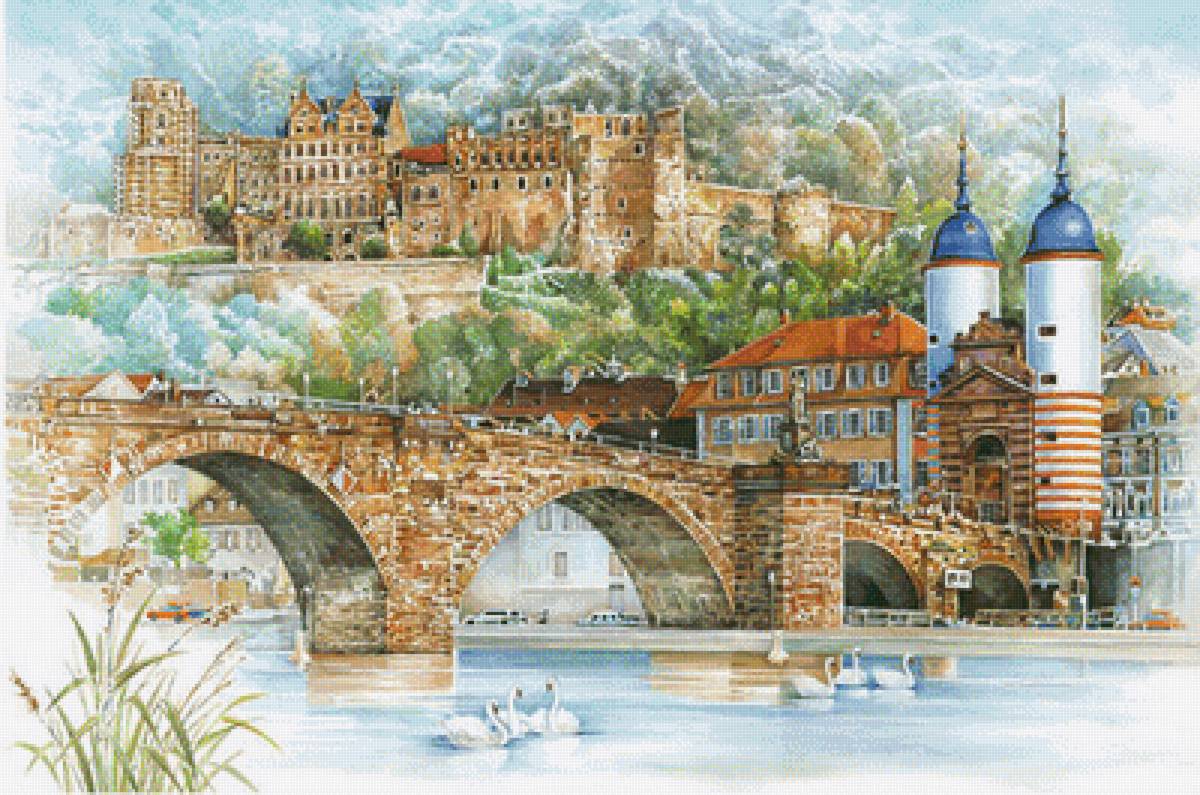 Пейзаж - городской пейзаж, лебеди, мост - предпросмотр