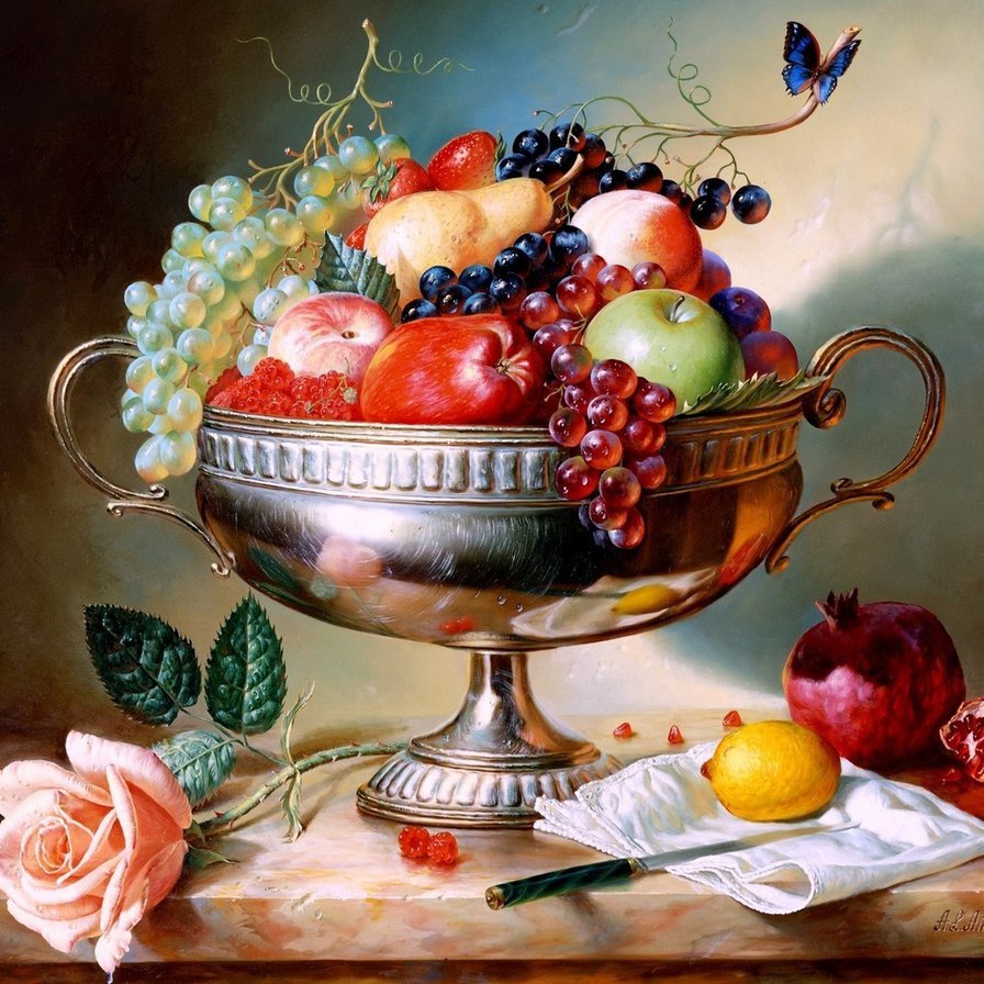 Натюрморт из фруктов - фрукты в вазе, кухонный натюрморт - оригинал