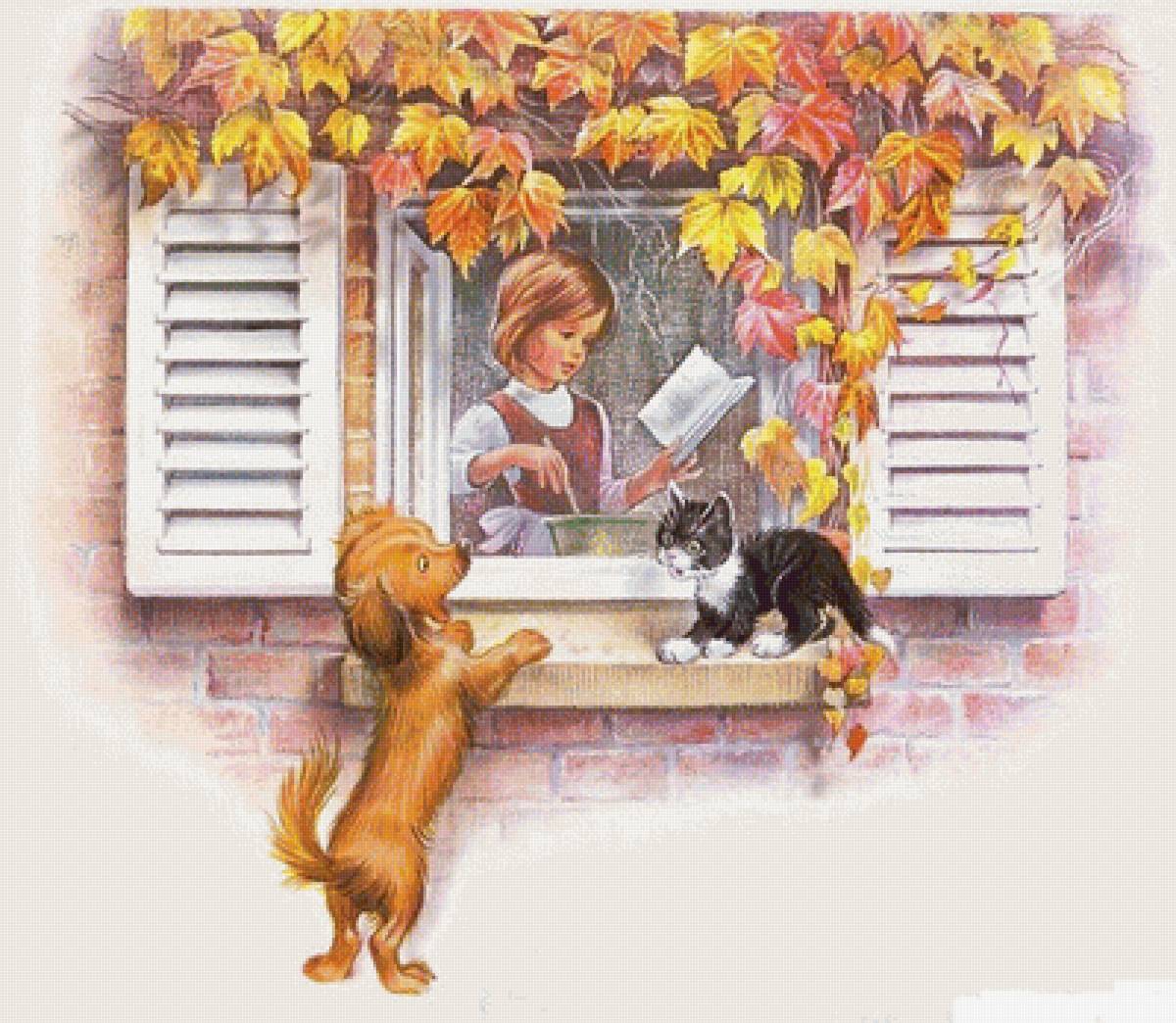 Иллюстрации девочка и собачка осенью в доме