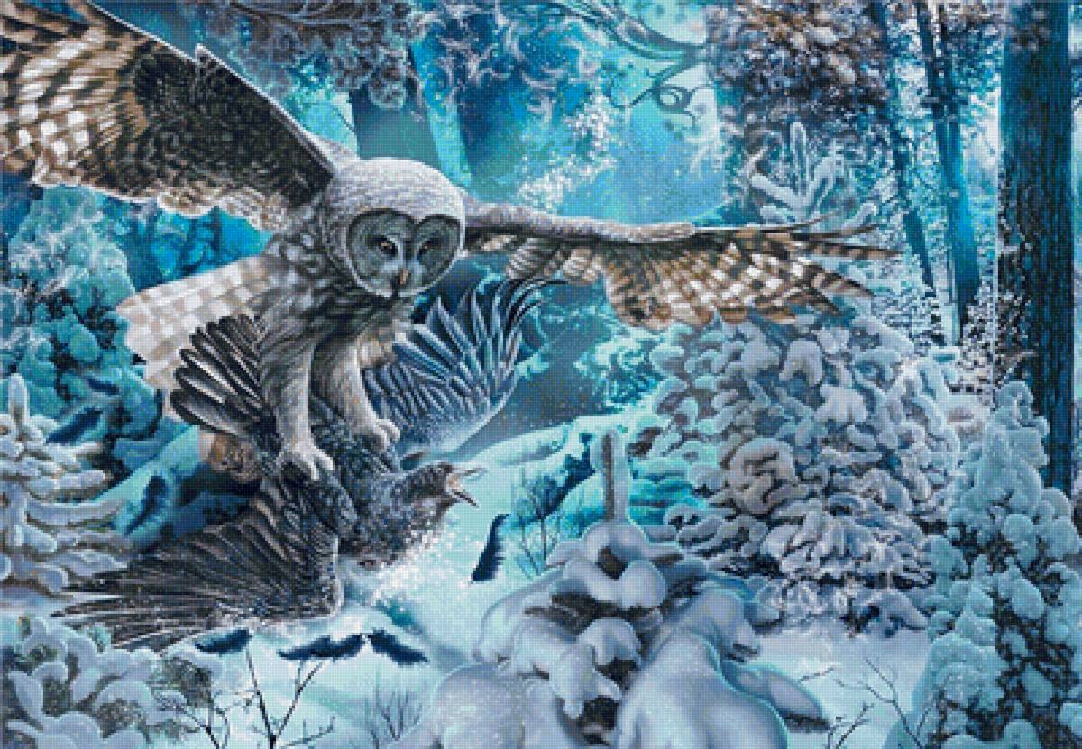 Добыча - лес, охота, ворона, птицы, зима, сова - предпросмотр