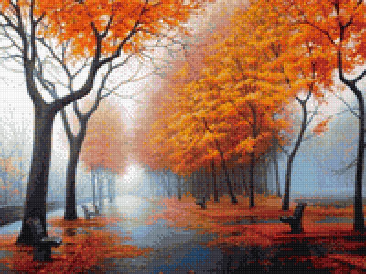 туманное утро в осеннем парке - предпросмотр