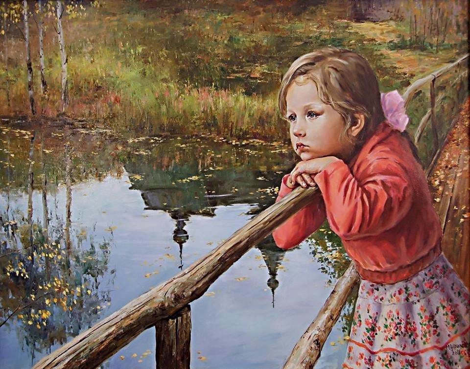 Девочка у реки - осень, река - оригинал