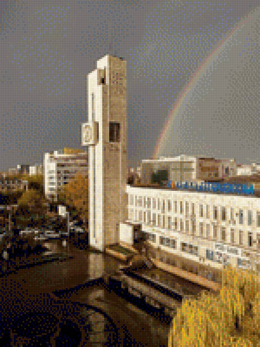 Радуга над городом - радуга, башня, деревья, небо - предпросмотр