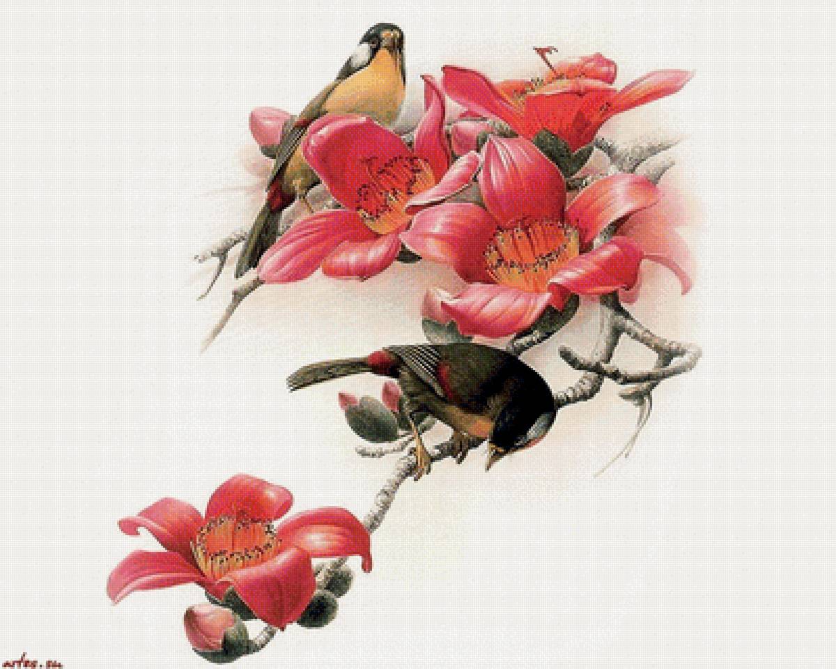 Цветущая ветвь - ветвь, цветы, птицы - предпросмотр