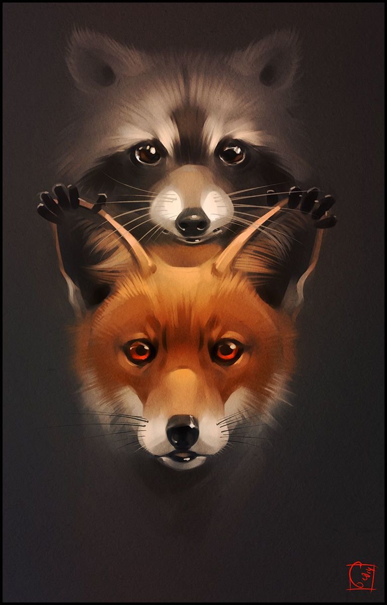 Лисичка и енот - лиса, енот - оригинал