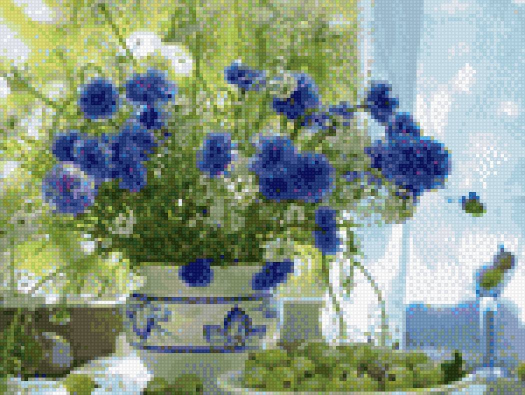 Натюрморт с крыжовником - ромашки, ваза, крыжовник, васильки, зелень, стол - предпросмотр